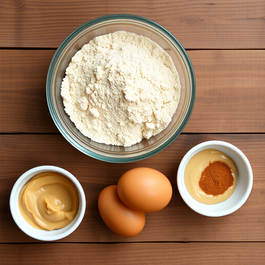 Ingredientes do bolo fit de paçoca: farinha de amendoim, ovos, eritritol e pasta de amendoim
