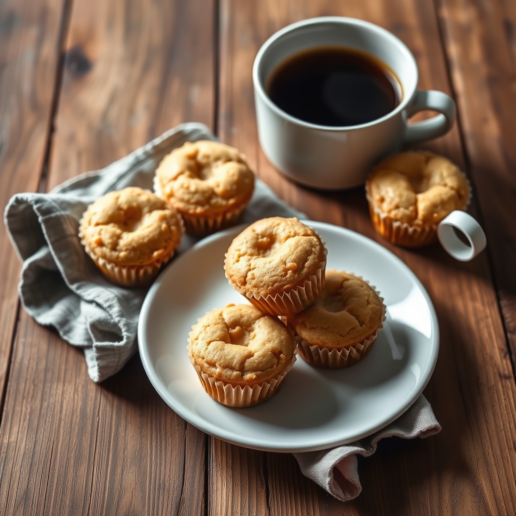 Bolo fit de paçoca servido em um prato, com uma xícara de café ao lado