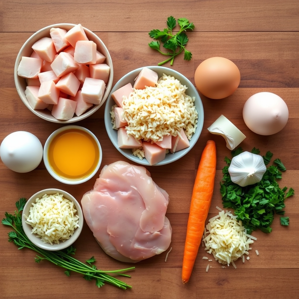 Ingredientes crus do bolo salgado de frango low carb organizados sobre bancada de madeira: frango, ovos, queijo ralado, cenoura e alho