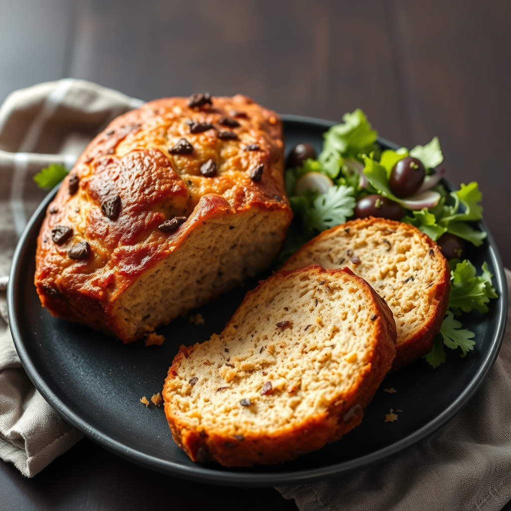 Bolo salgado de frango low carb fatiado e servido em prato escuro com salada