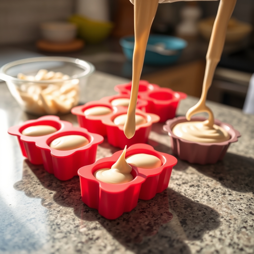 Etapa de preparo: creme proteico sendo despejado em forminhas de silicone