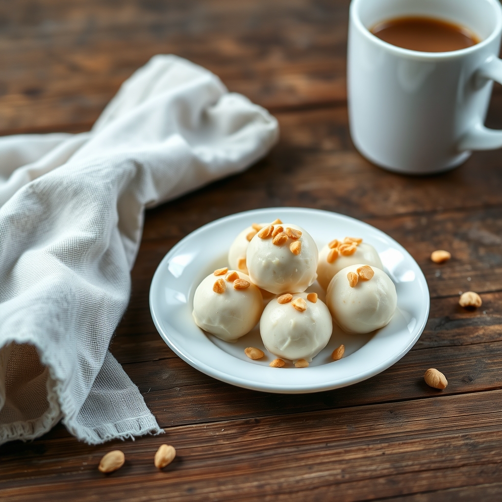 Prato pronto: bombons gelados proteicos servidos com uma xícara de café