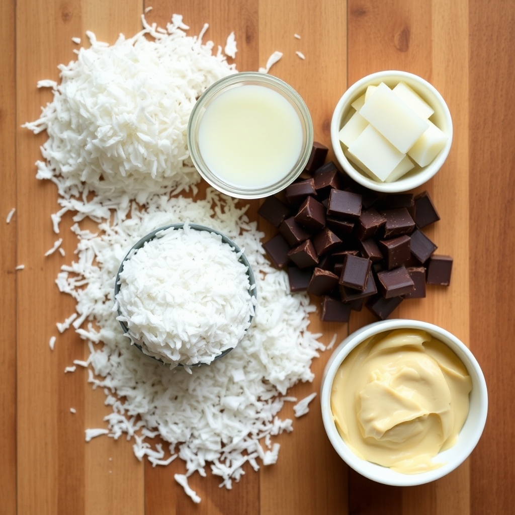 Ingredientes crus: coco ralado, óleo de coco, manteiga de coco e pedaços de chocolate amargo sobre a bancada