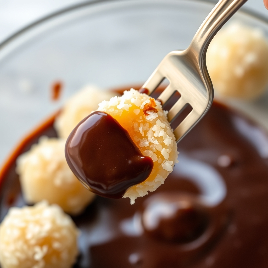 Etapa de preparo: bolinha de coco sendo mergulhada em chocolate derretido com um garfo