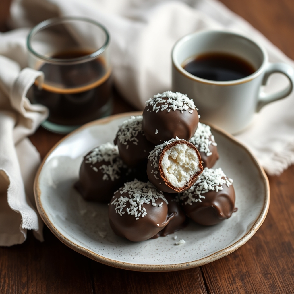 Bombons de coco cobertos de chocolate servidos em um prato, ao lado de uma xícara de café
