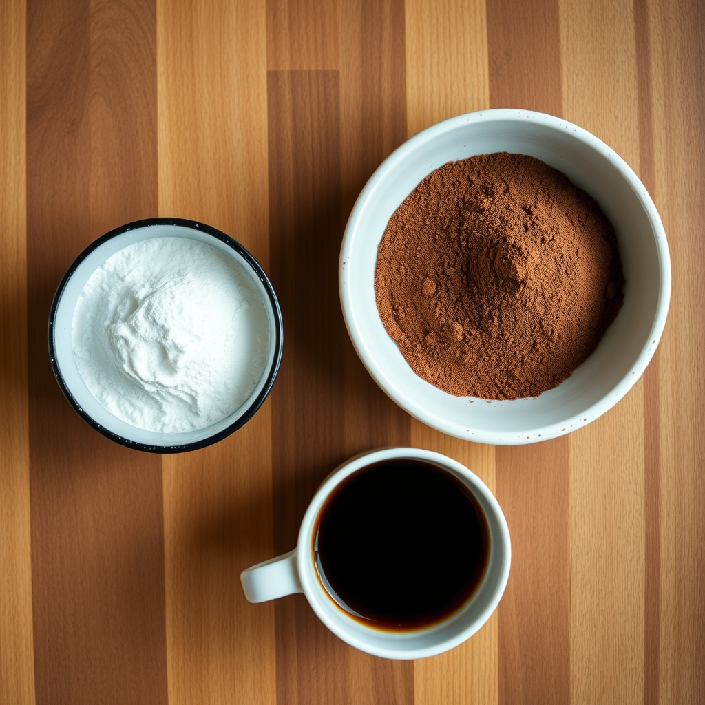 Ingredientes do brigadeiro de café fit organizados sobre bancada de madeira: leite em pó, cacau em pó e café coado