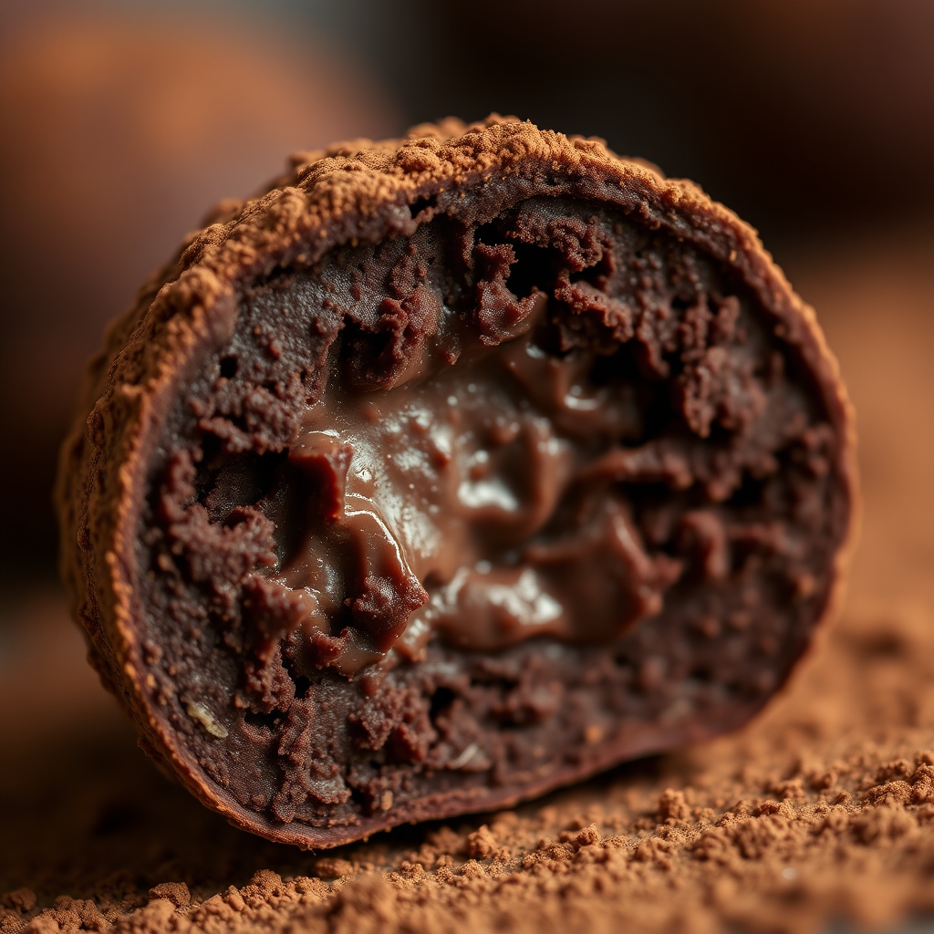 Close-up de brigadeiro de café fit partido ao meio, mostrando textura cremosa por dentro