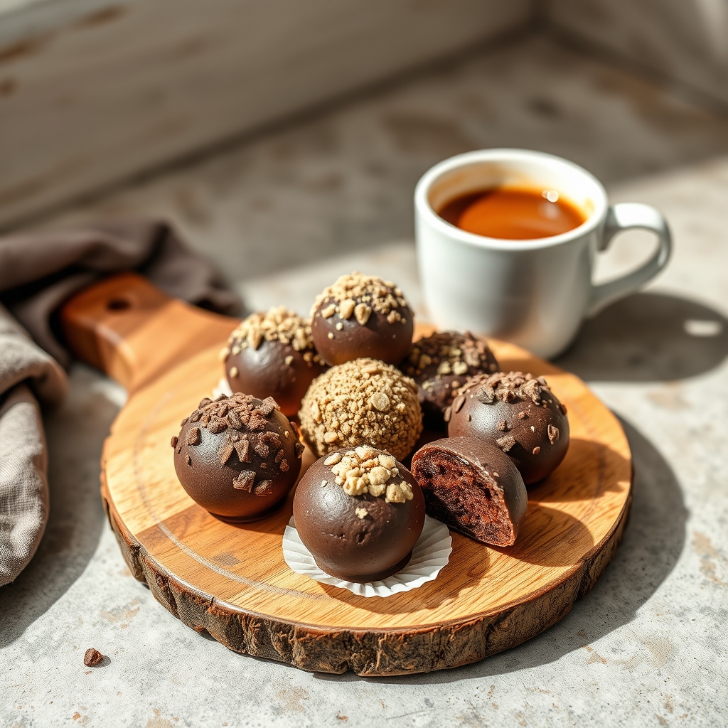 Brigadeiros de café fit servidos em tábua de madeira ao lado de uma xícara de café