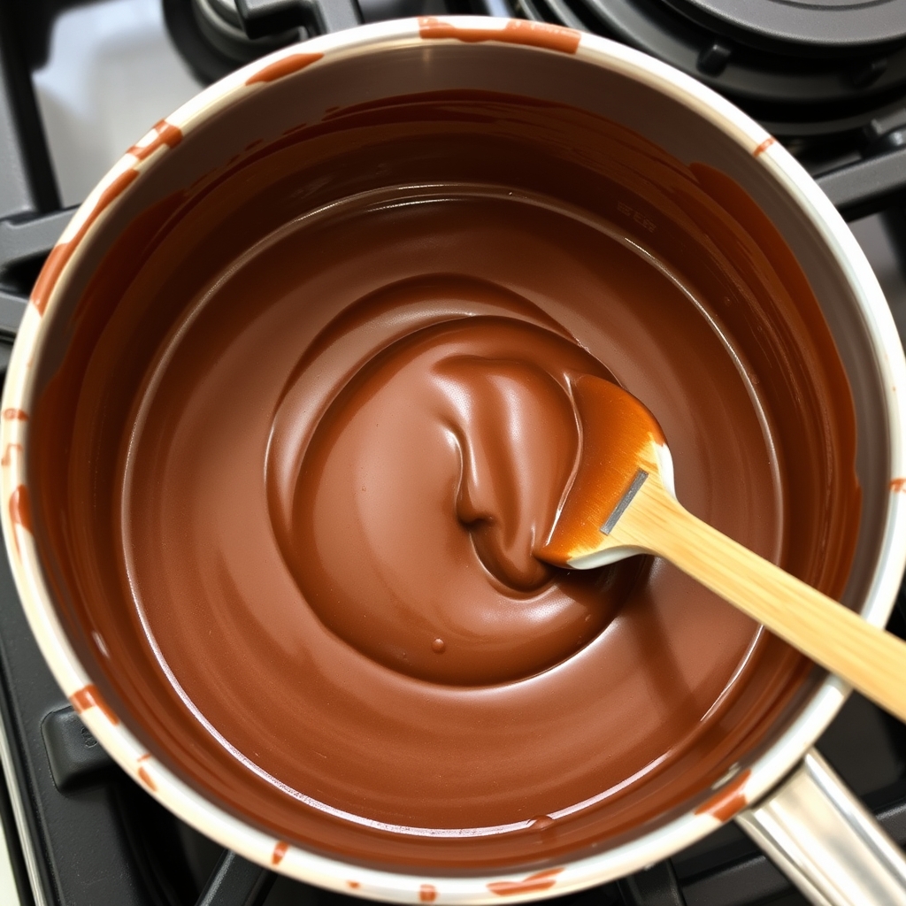 Etapa de preparo: mistura de brigadeiro sendo cozida e mexida em uma panela no fogão