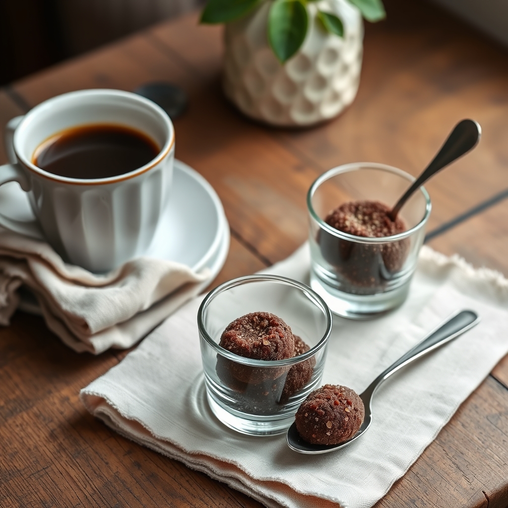 Brigadeiro de colher sem açúcar servido em copinhos de vidro, com uma xícara de café ao lado