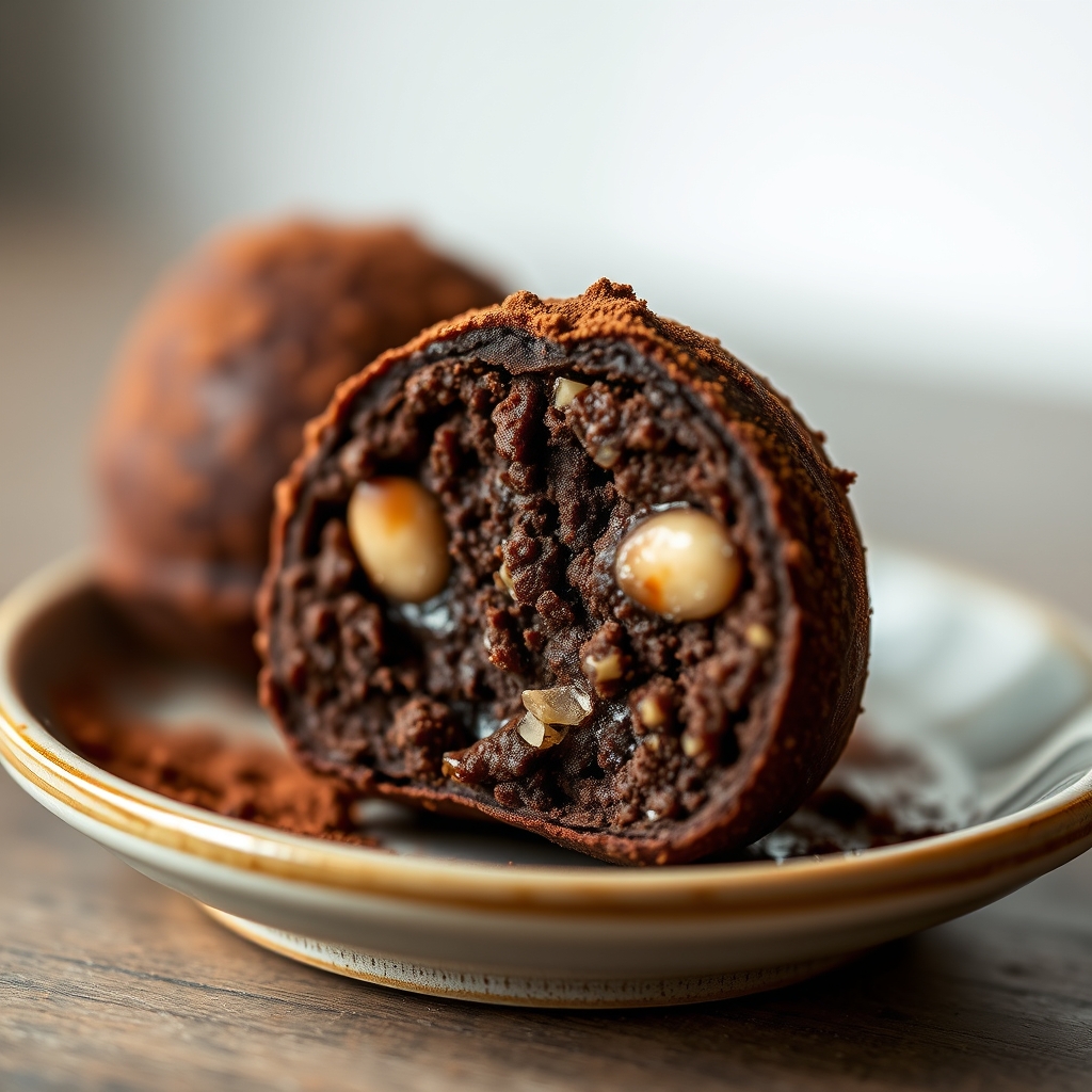 Brigadeiro de tâmaras partido ao meio, mostrando a textura densa por dentro