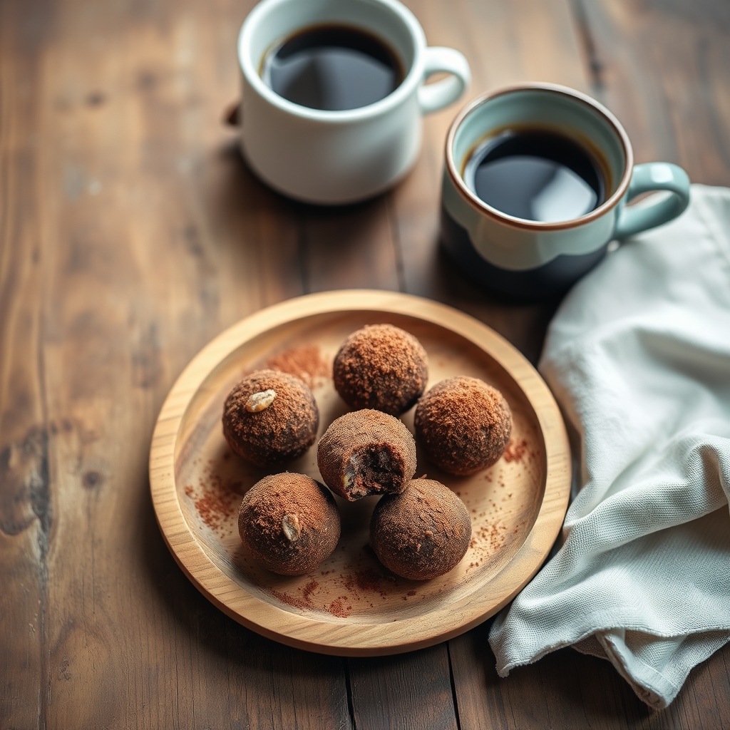Brigadeiros de tâmaras servidos em prato de madeira, com café ao lado
