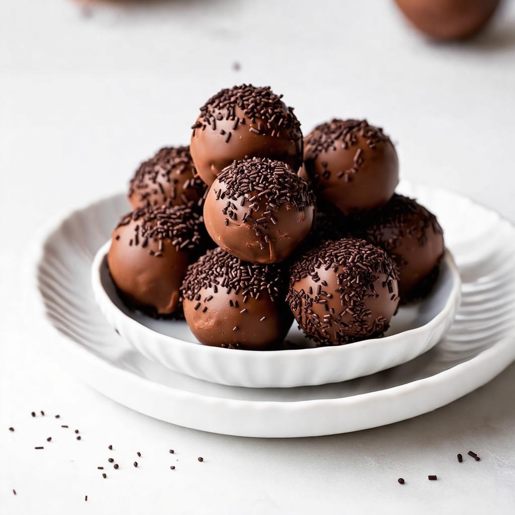 Close-up de brigadeiros de whey protein enrolados e passados no granulado de chocolate