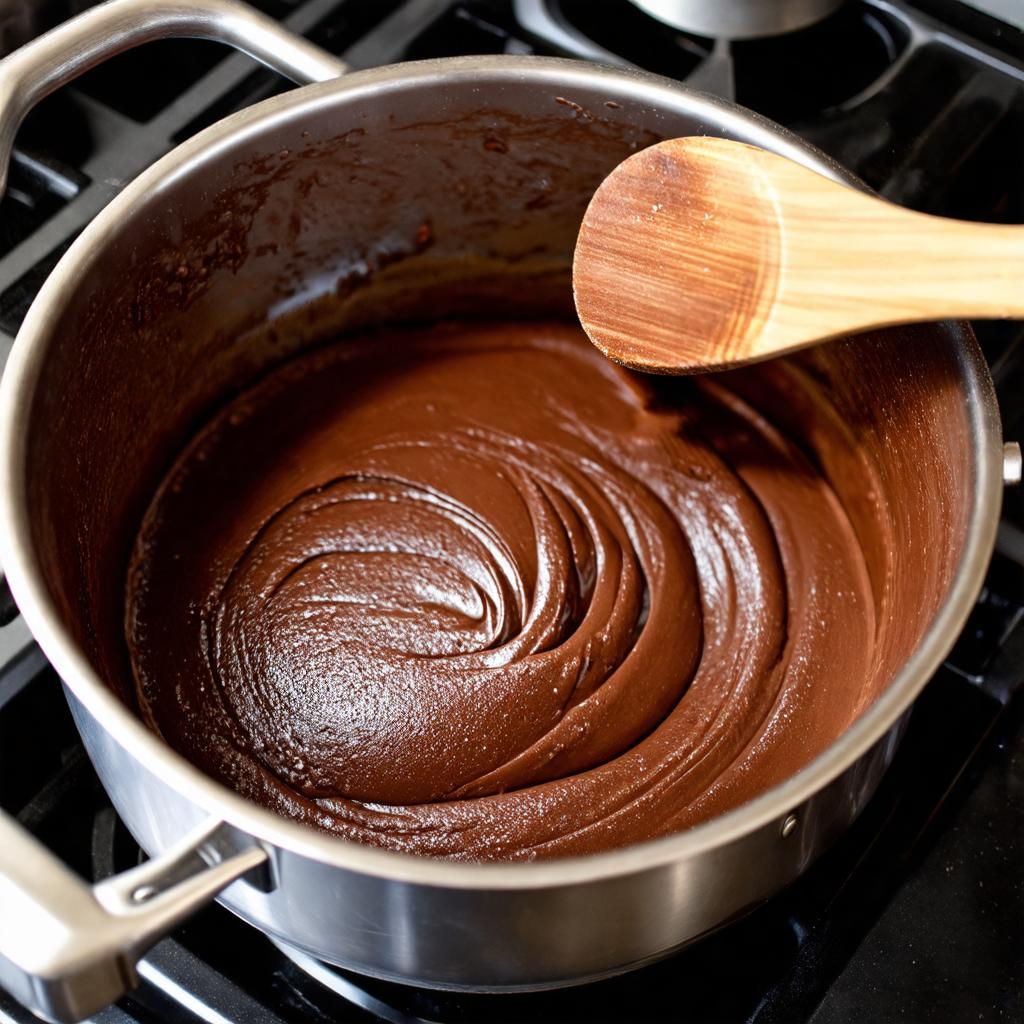 Massa de brigadeiro de whey protein sendo cozida e mexida na panela