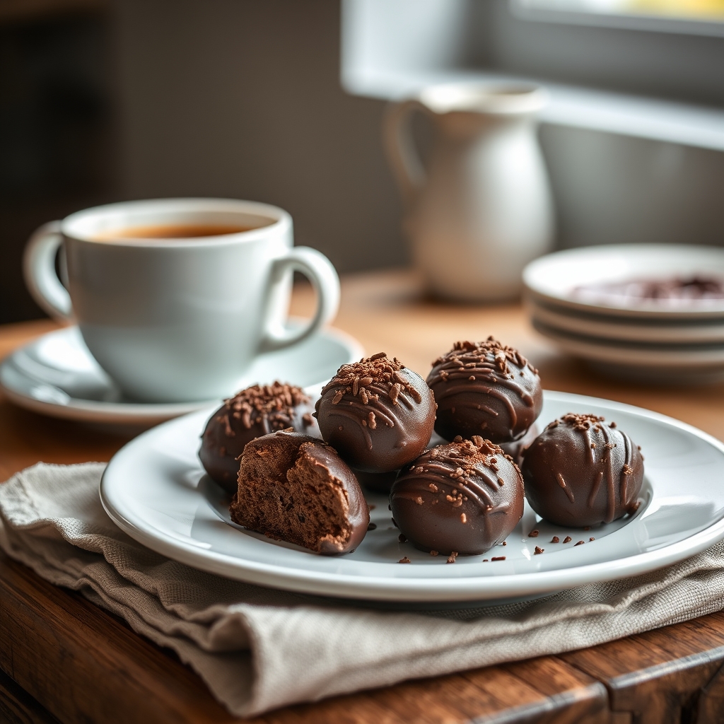 Prato pronto: Brigadeiro de whey protein, servido com uma xícara de café