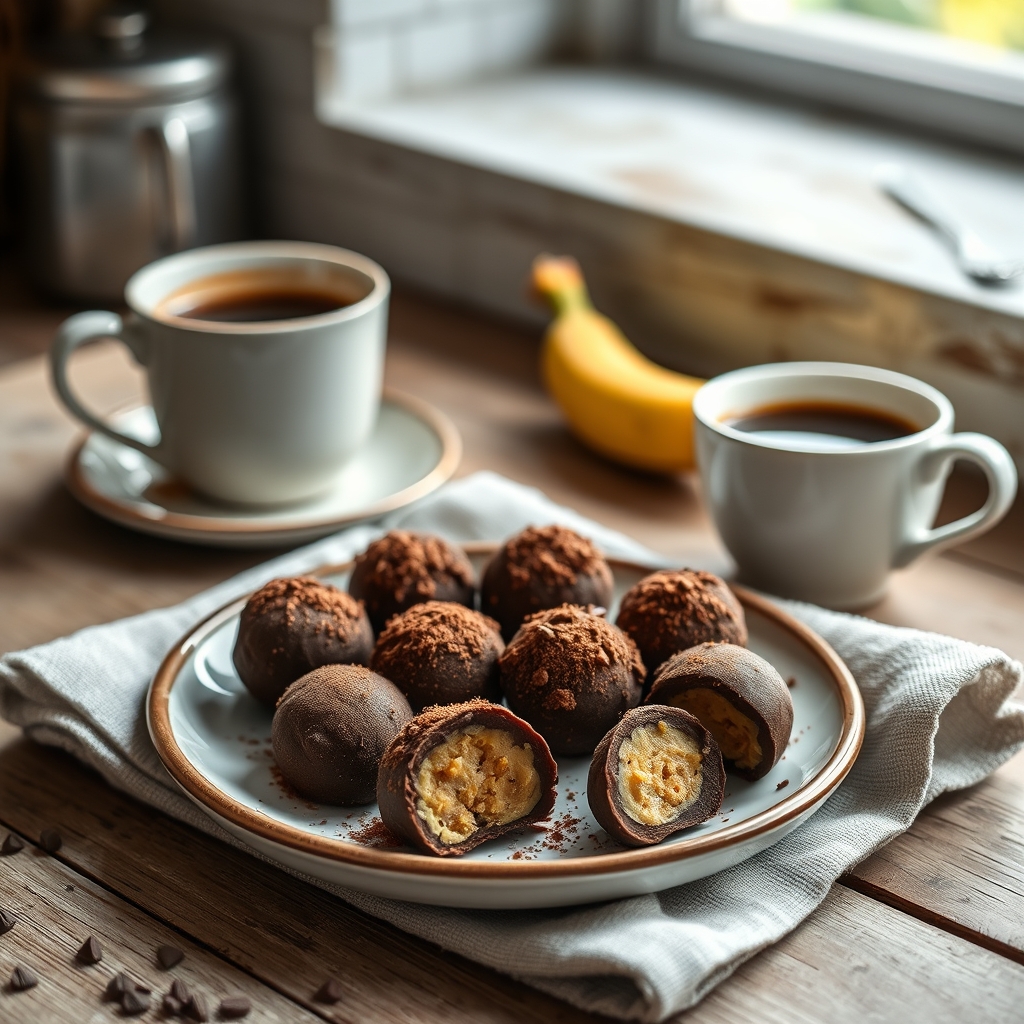 Prato pronto: Brigadeiro fit de banana com cacau, servido com uma xícara de café