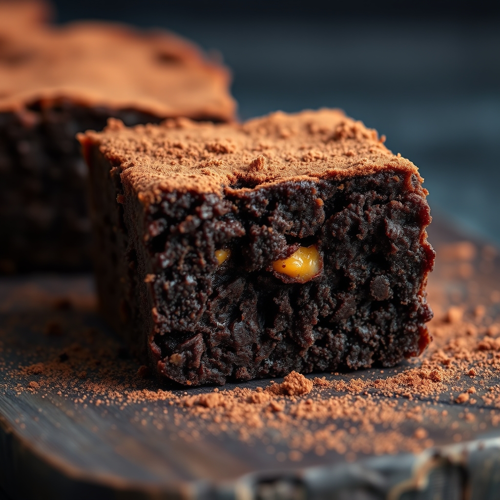 Quadrado de brownie de chocolate com miolo denso e cacau em pó por cima