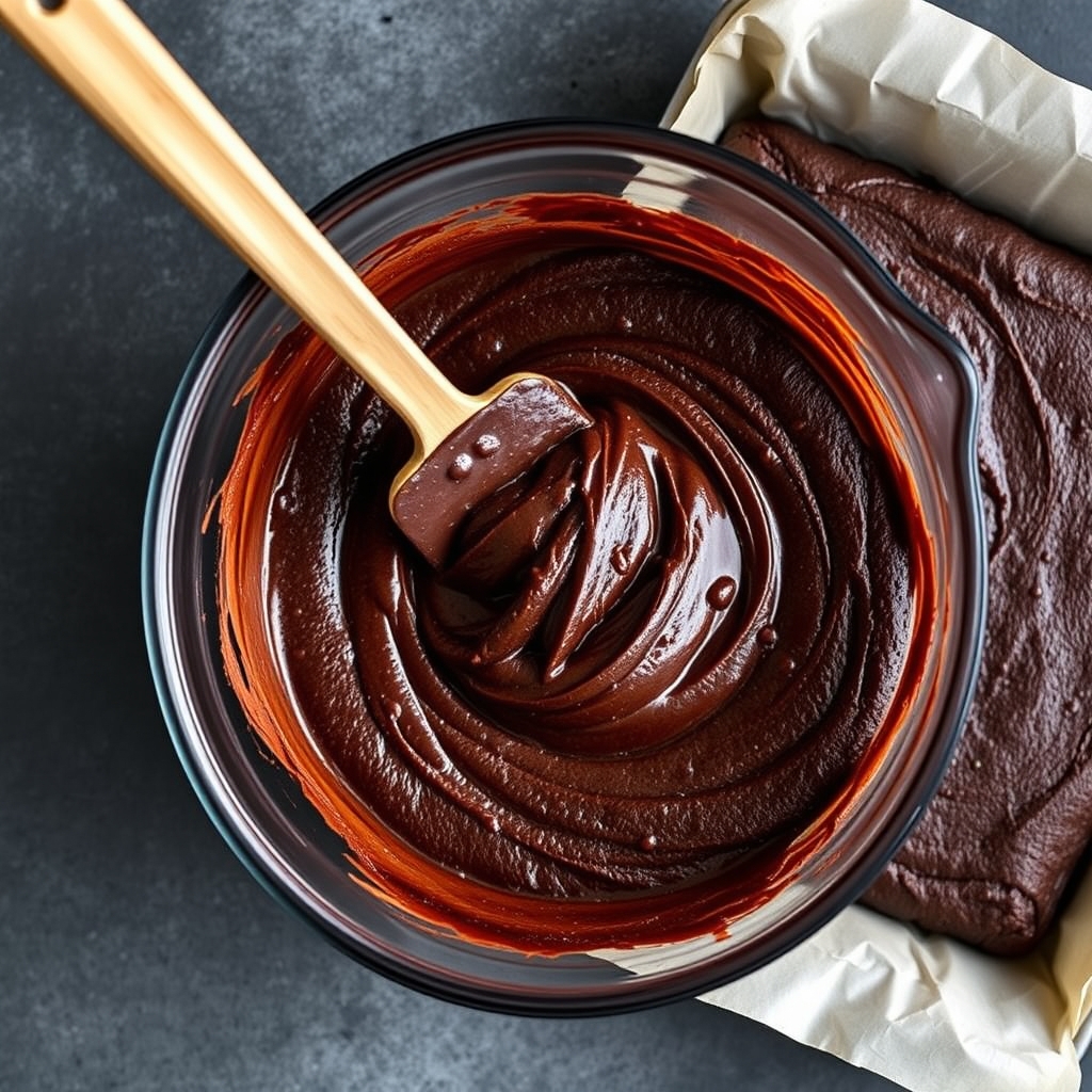 Massa cremosa de brownie em uma tigela ao lado de uma forma quadrada forrada com papel manteiga