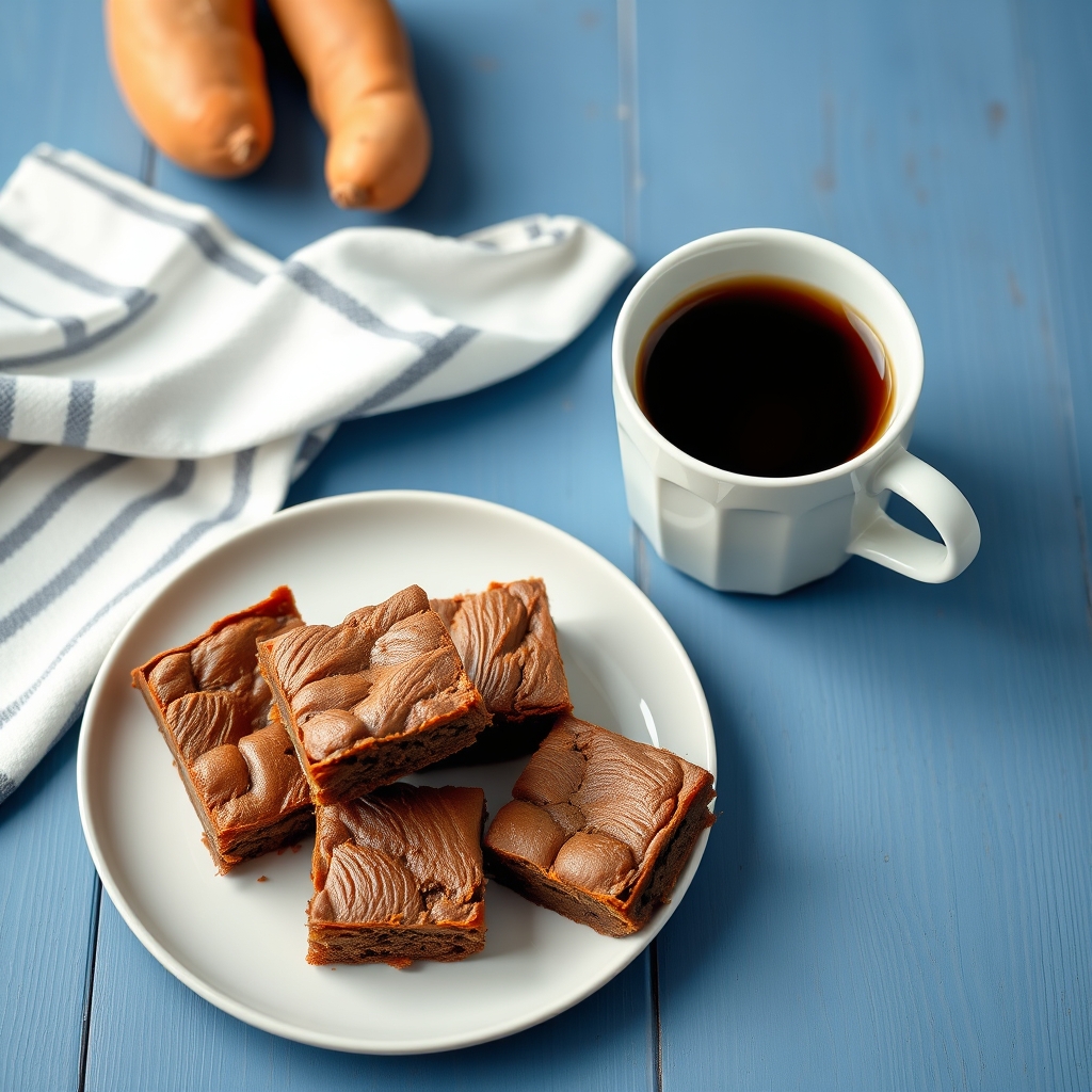 Pedaços de brownie em prato branco com xícara de café e pano listrado sobre mesa azul