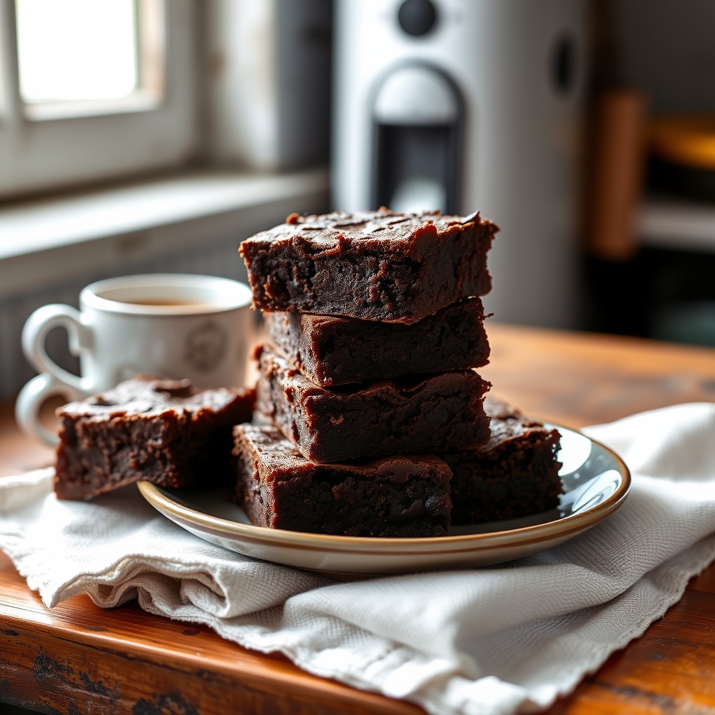 Prato pronto: Brownie de chocolate sem açúcar, servido com uma xícara de café