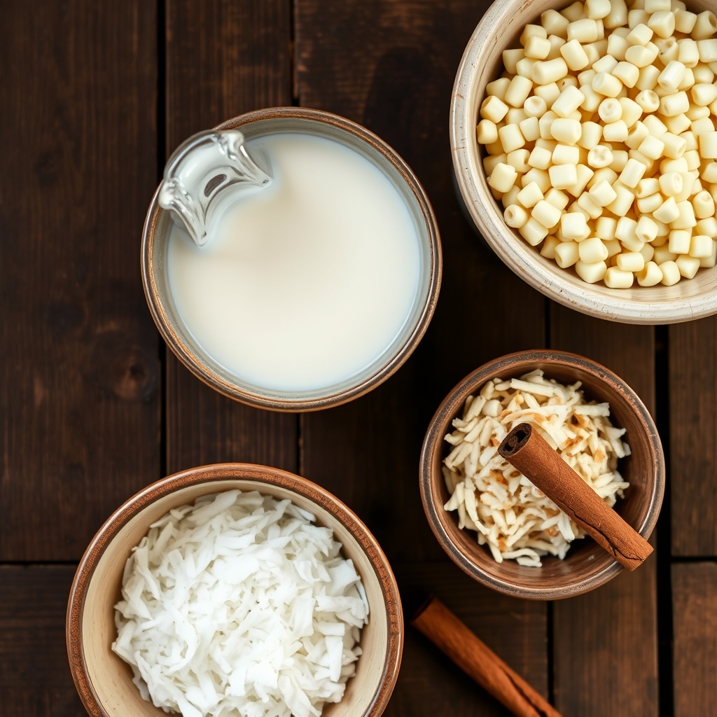 Ingredientes da canjica sem açúcar: milho branco, leite, coco ralado e canela em pau em potes