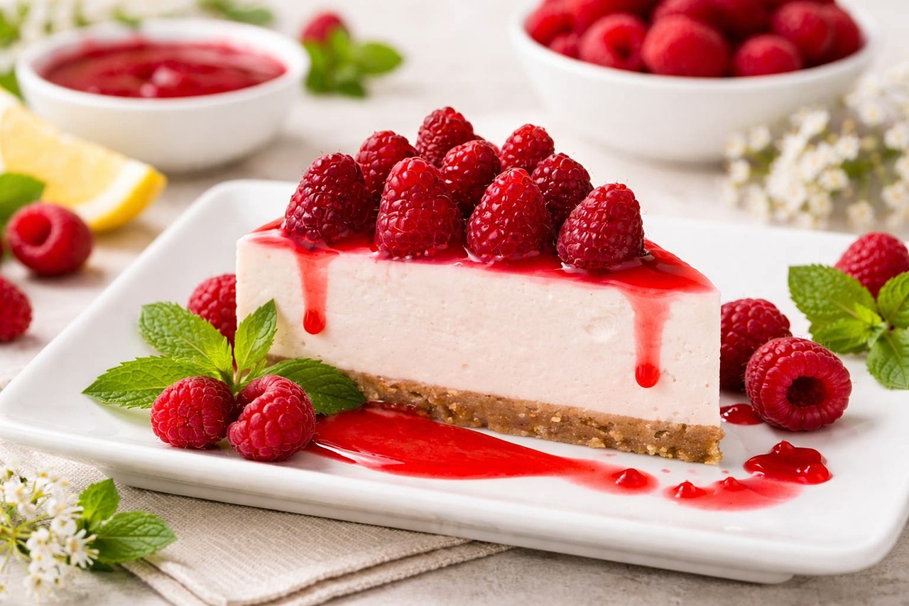 Fatia de cheesecake com cobertura de frutas vermelhas, mostrando a base e o recheio cremoso