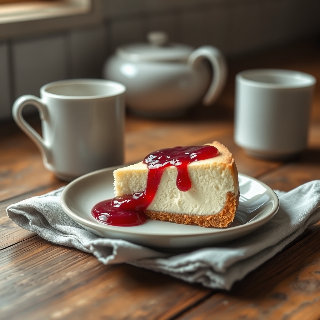Prato pronto: Cheesecake fit de frutas vermelhas, servido com uma xícara de café
