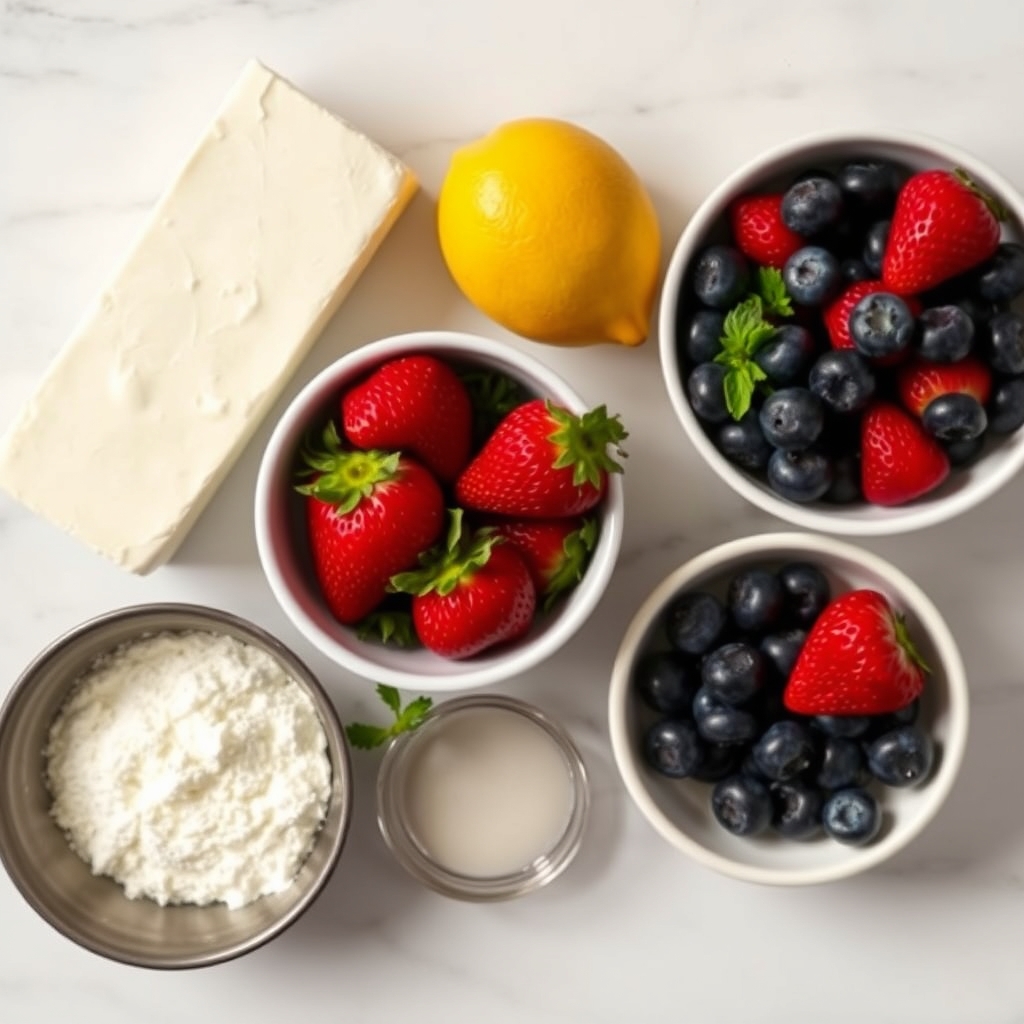 Ingredientes do cheesecake: cream cheese, limão, frutas vermelhas, farinha de amêndoas e adoçante sobre bancada de mármore