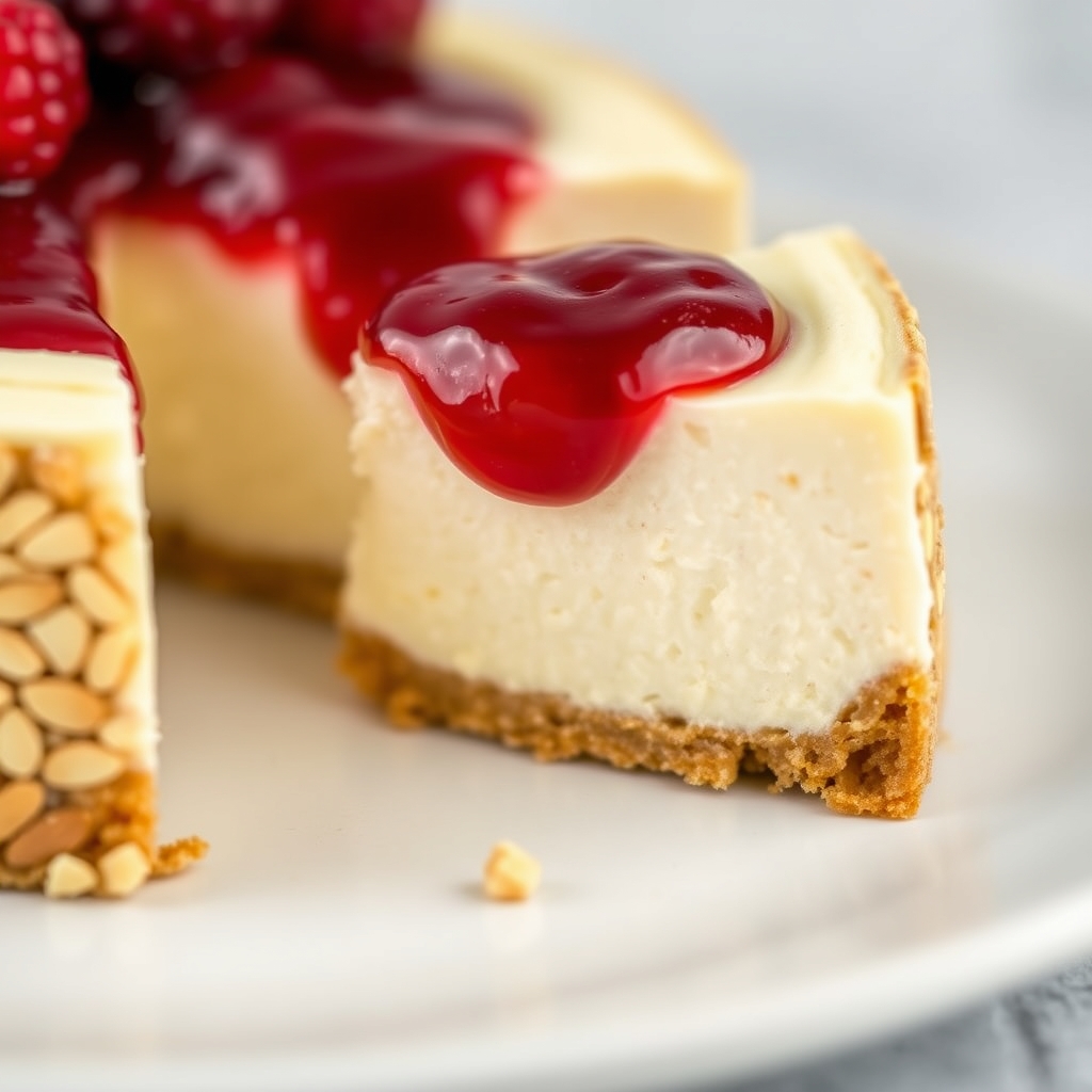 Fatia de cheesecake com base de amêndoas, recheio cremoso branco e calda de frutas vermelhas