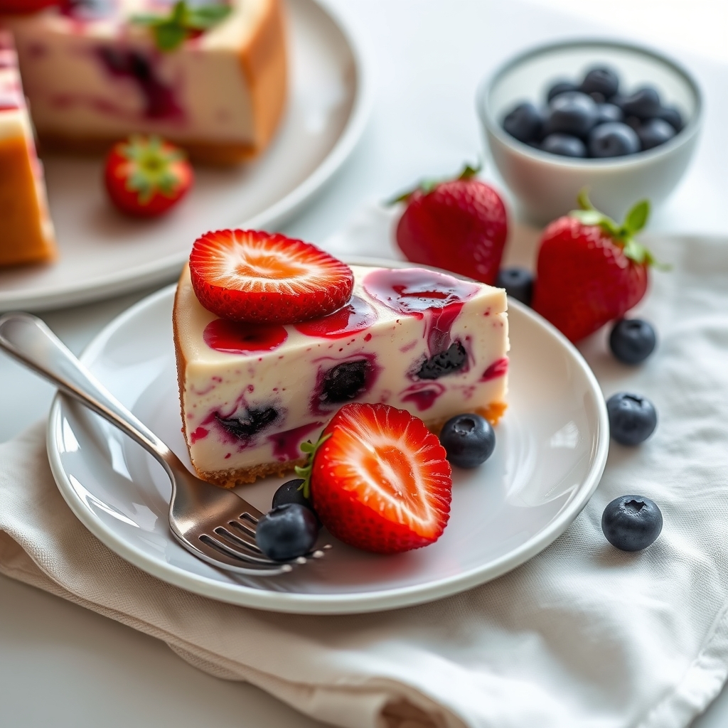 Fatia de cheesecake com morangos e mirtilos em prato branco sobre guardanapo de pano