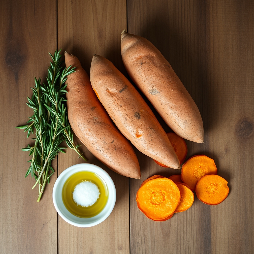 Ingredientes crus para os chips de batata-doce: batatas-doces inteiras e fatiadas, alecrim e azeite
