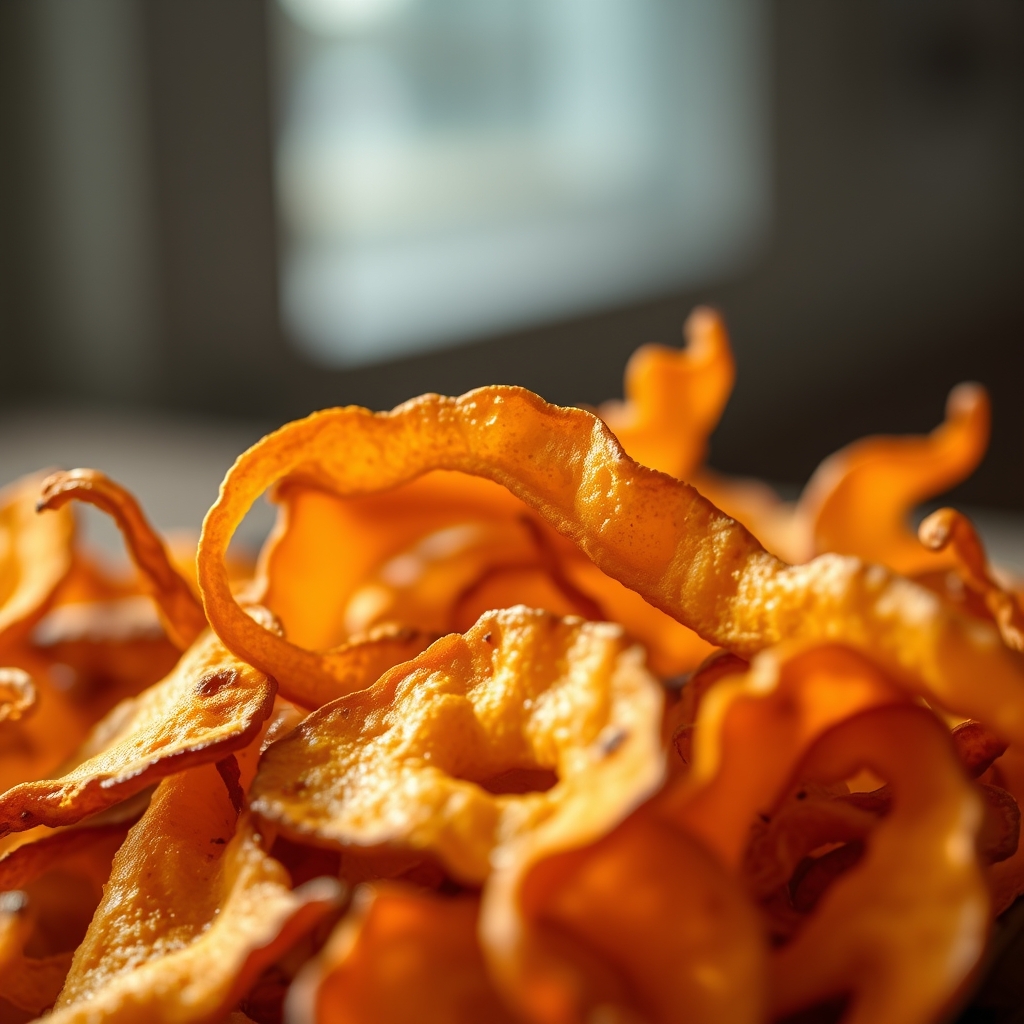 Close-up dos chips de batata-doce crocantes já assados, mostrando a textura das bordas douradas