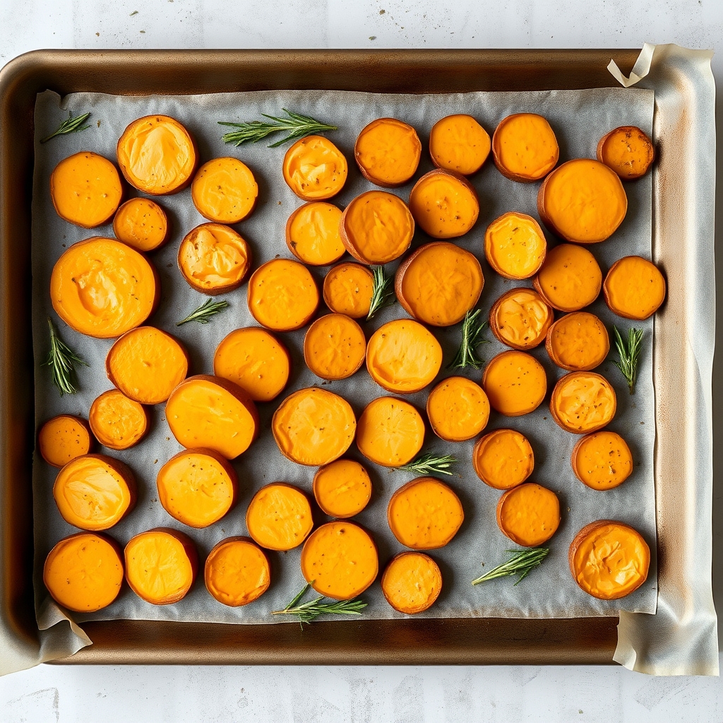 Fatias de batata-doce temperadas espalhadas na assadeira antes de ir ao forno