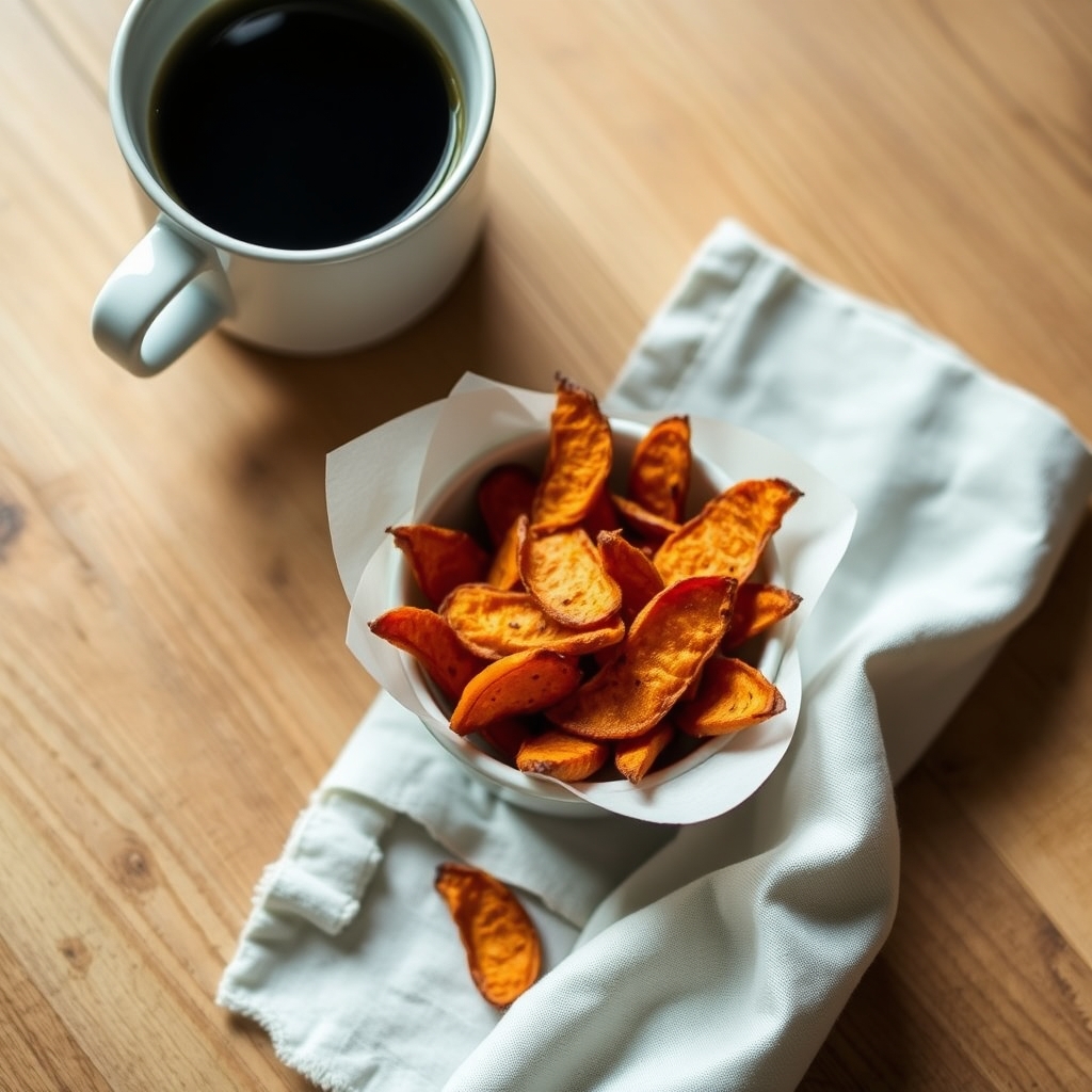 Tigela de chips de batata-doce servida com uma xícara de café ao lado