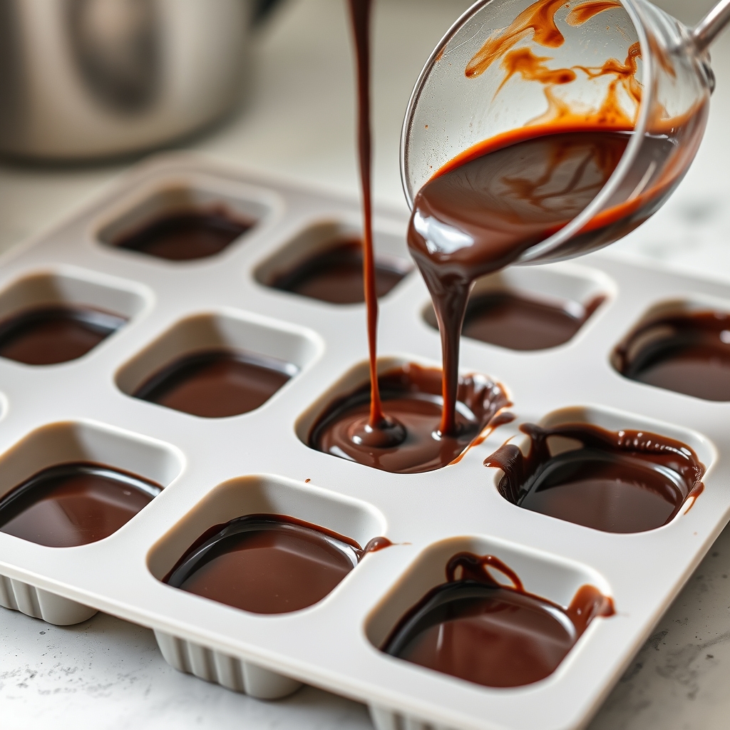 Etapa de preparo: mistura de chocolate sendo despejada em forminhas de silicone