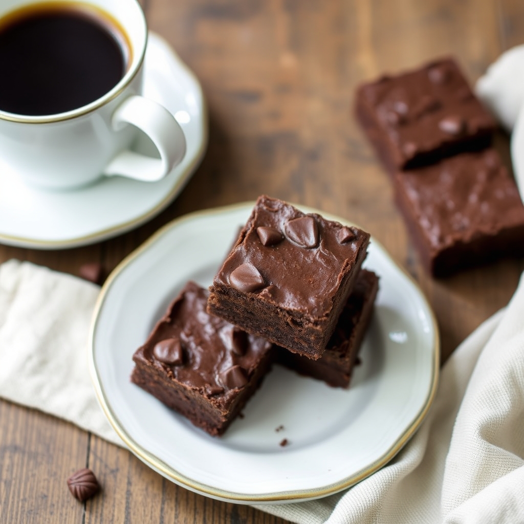 Quadradinhos de chocolate caseiro servidos em um prato, ao lado de uma xícara de café