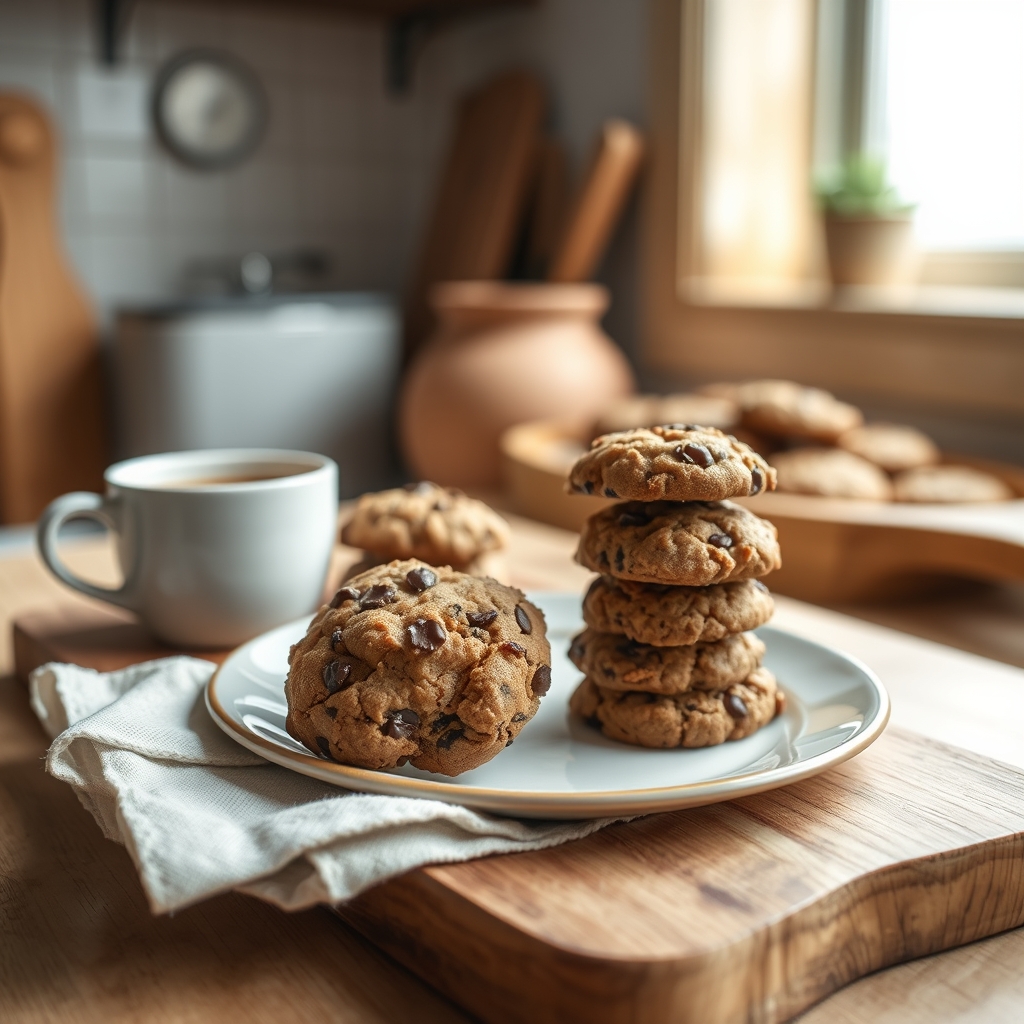 Prato pronto: Cookie fit de whey protein, servido com uma xícara de café