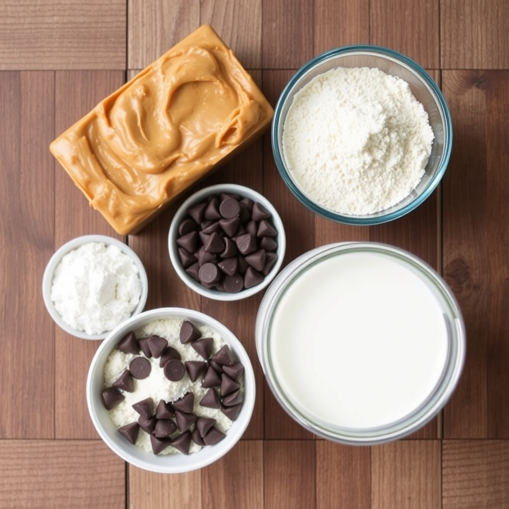 Ingredientes crus: pasta de amendoim, proteína em pó, farinha de coco e gotas de chocolate sobre a bancada