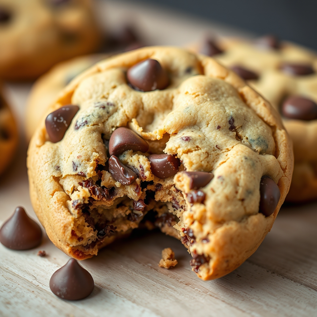 Close-up de um cookie proteico partido ao meio, mostrando o miolo macio