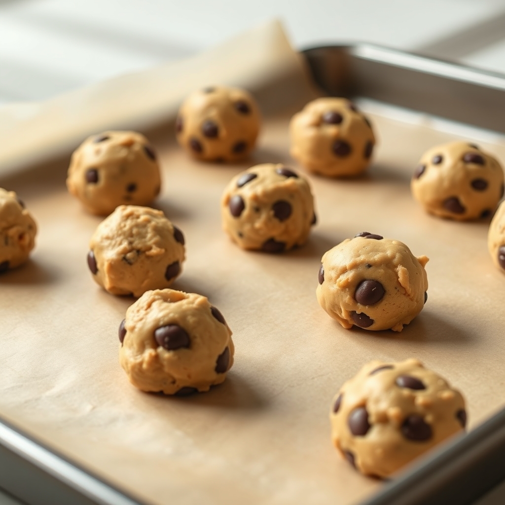 Etapa de preparo: bolinhas de massa de cookie com gotas de chocolate na assadeira, prontas para assar