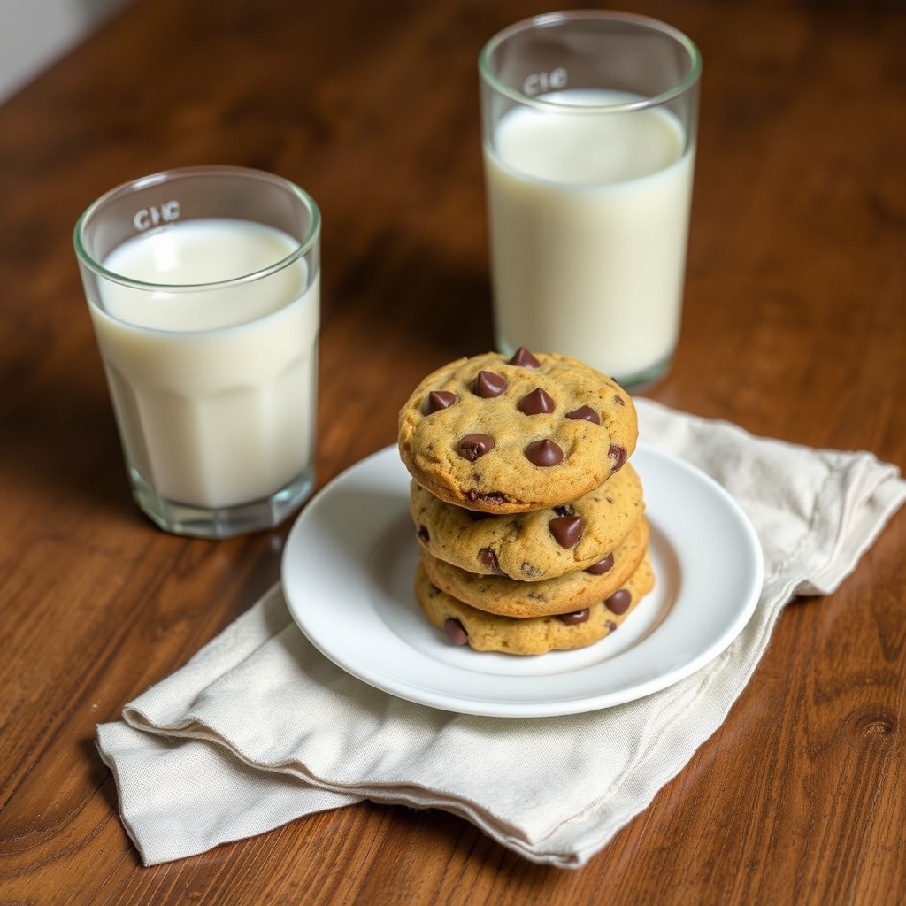 Cookies proteicos empilhados em um prato, servidos ao lado de copos de leite