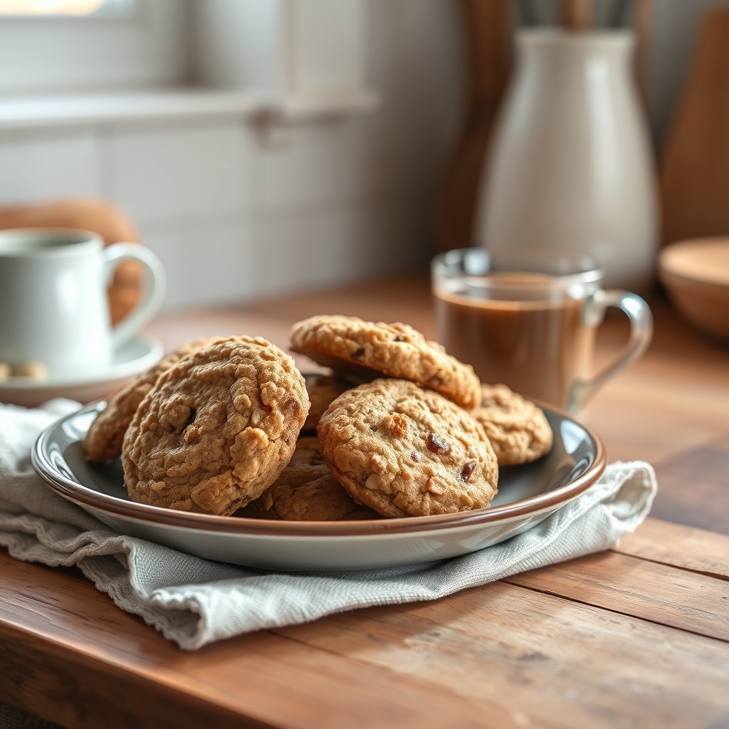 Prato pronto: Cookies de aveia sem açúcar, servido com uma xícara de café