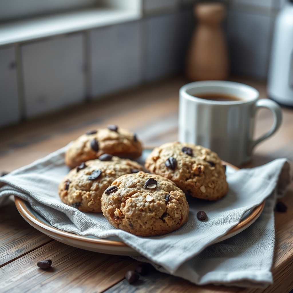 Prato pronto: Cookies de banana e aveia com cacau, servido com uma xícara de café