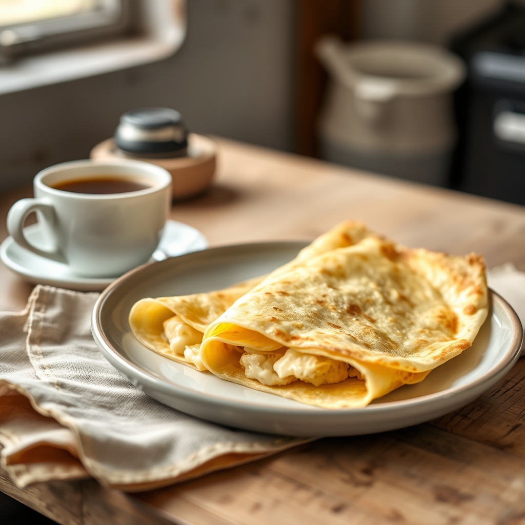 Prato pronto: Crepioca fit, servido com uma xícara de café