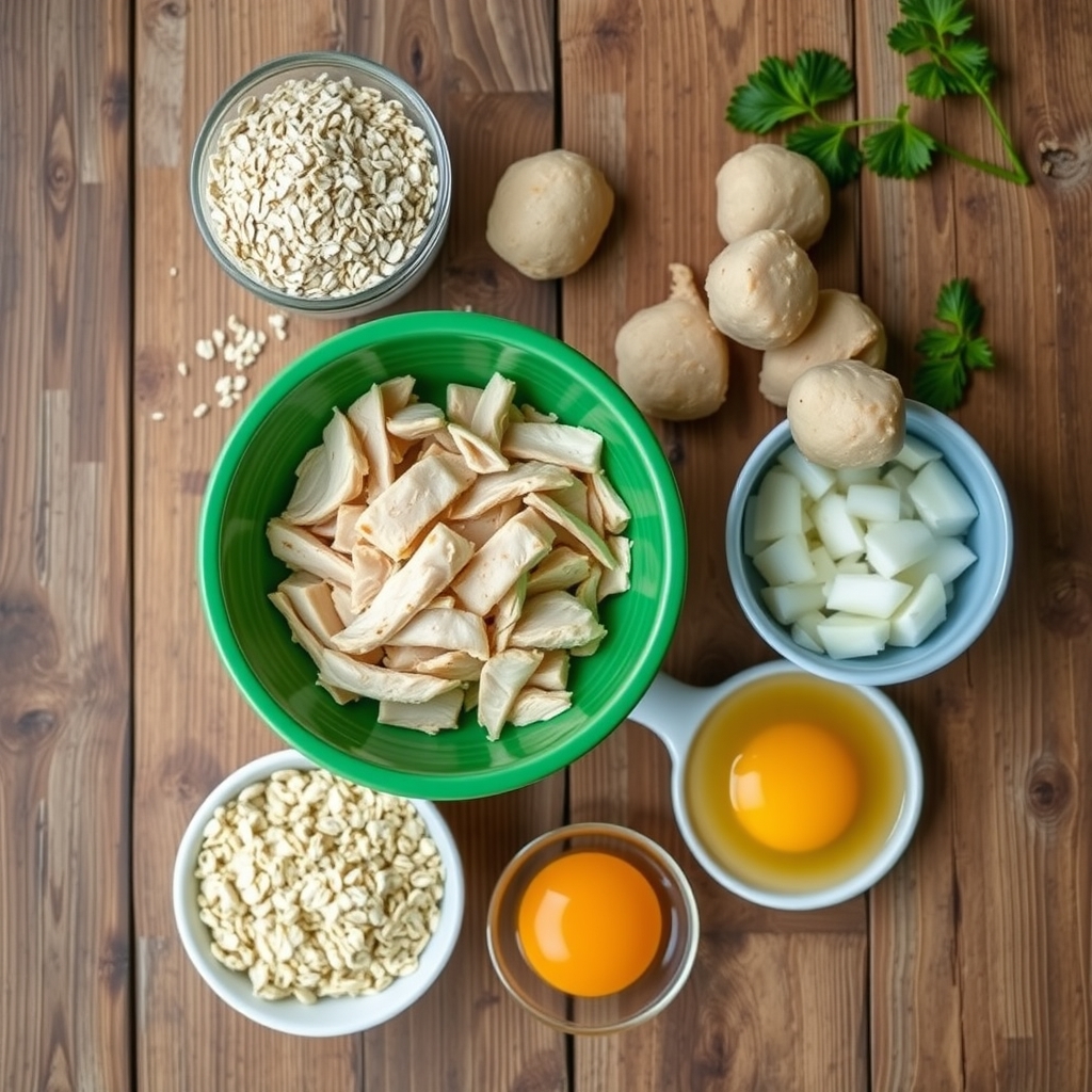 Ingredientes crus do croquete de frango fit: frango desfiado, farelo de aveia, gema de ovo e cebola picada sobre a bancada