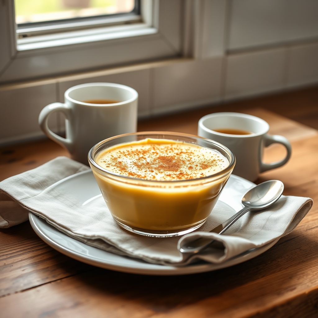 Prato pronto: Curau diet, servido com uma xícara de café