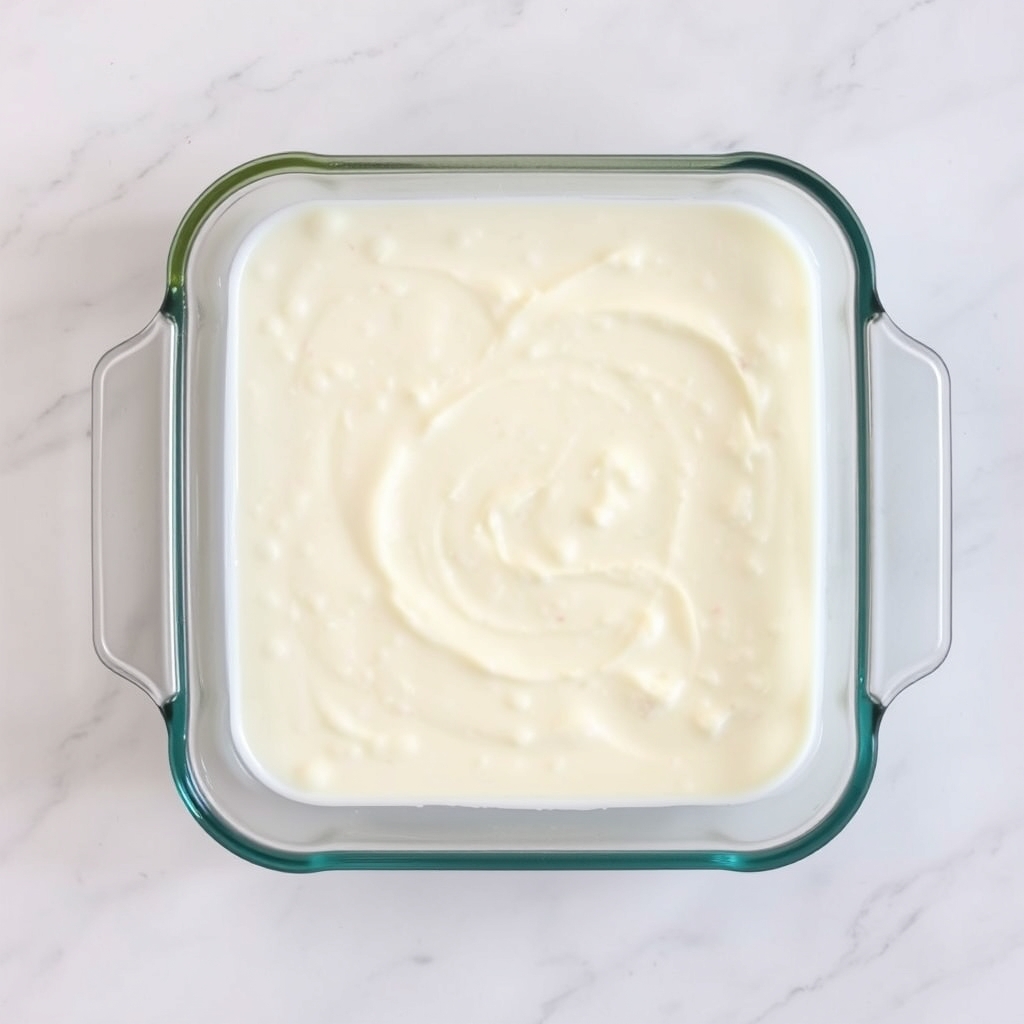Refratário quadrado com a mistura cremosa de tapioca e coco antes de ir à geladeira