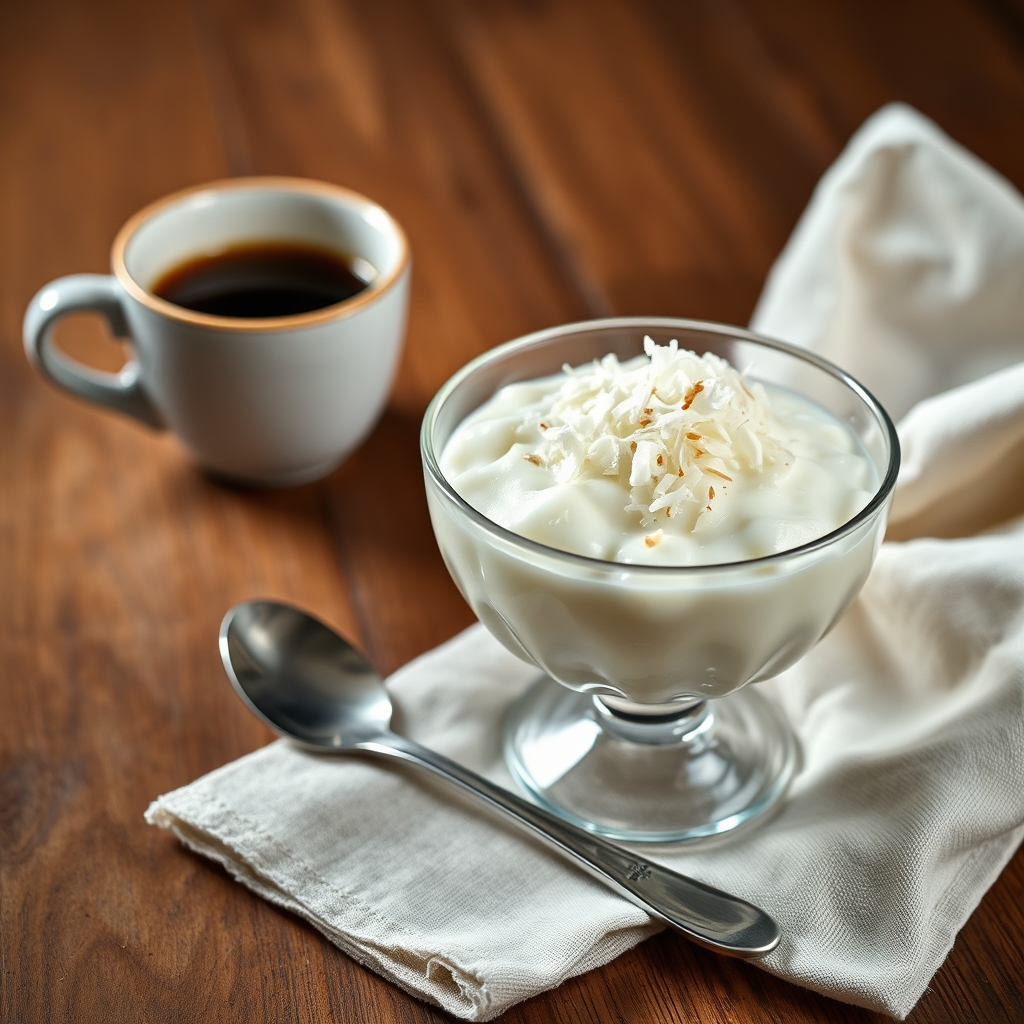 Taça de cuscuz de tapioca gelado com coco ralado ao lado de uma xícara de café