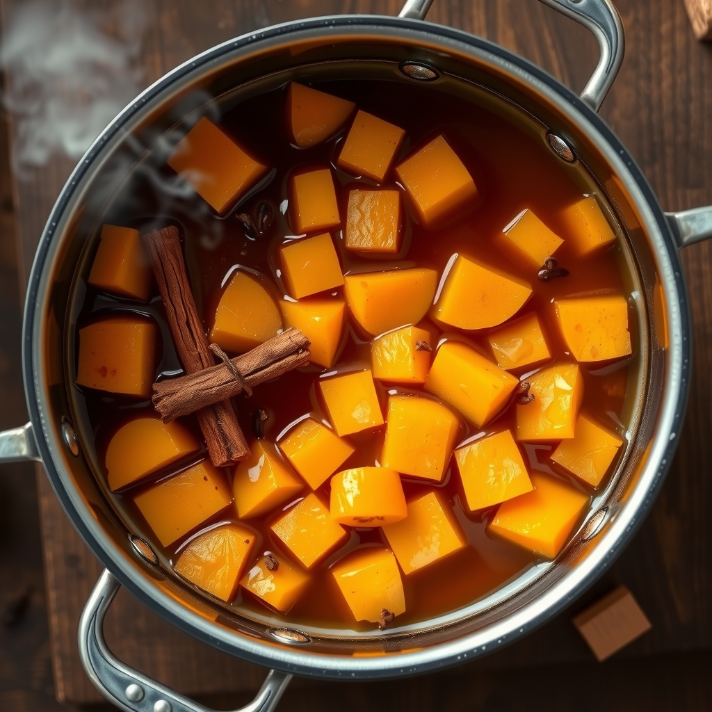 Cubos de abóbora cozinhando em calda com canela e cravo dentro de uma panela, soltando vapor