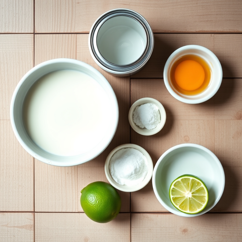 Ingredientes crus do docinho de coco sem açúcar: leite de coco, ovo, adoçante e limão em tigelas